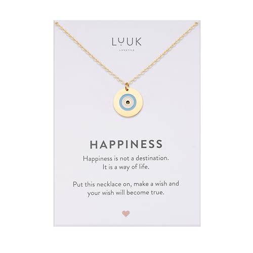 LUUK LIFESTYLE Collier simple avec pendentif œil turc in acier inoxydable et carte HAPPINESS, porte bonheur et symbole oriental de protection, Evil Eye,...