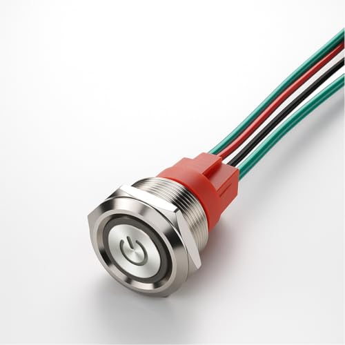 Guuzi Interruptor Pulsador de Enclavamiento de Tipo Corto de 15A 220V Impermeable para uso Marino de 4 pines 22mm SPST con LED Verde Iluminado y Cable