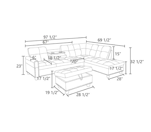 Image of L-Shaped 3-Piece Breathable Fabric Sofa with Ottoman, Sectional Couch Set for Living Room, Office, Apartment, with Cup Holder, Brown