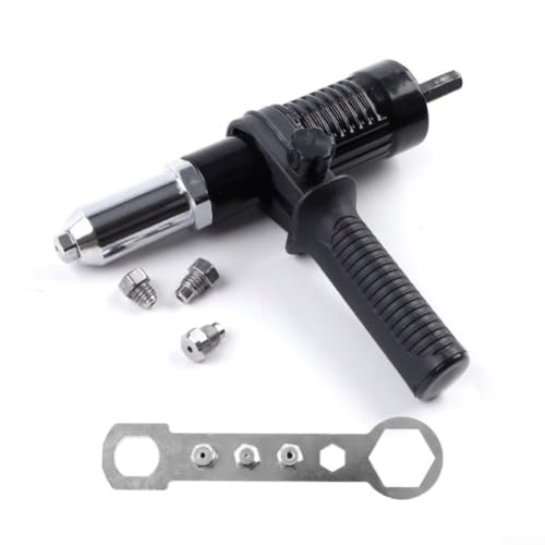 Cabezal adaptador de remache eléctrico resistente hecho de aleación de acero forjado con agarre vertical y líneas antideslizantes para una sujeción estable en remaches de 2,4 a 4,8 mm, adecuado para