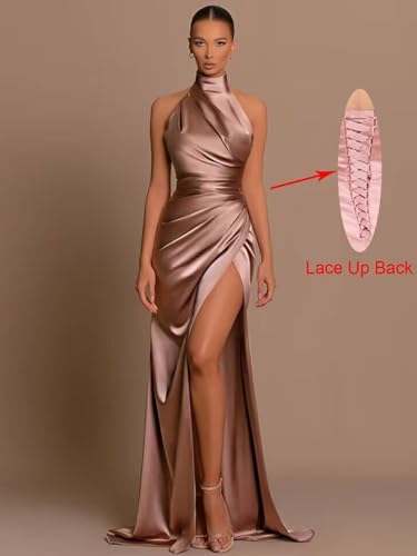 Mermaid Halter Bridesmaid Dresses Long Satin Prom Dress for Women with Slit Evening Formal Gown2