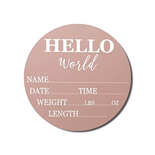 Image of Hickory Hollow Designs - Baby Announcement Sign for Newborn Boys and Girls (Color Bases) - Hello World Nursery Decor Sign & Photo Prop for Babies Made of Birch Wood - 6" Circle Board (Pink)