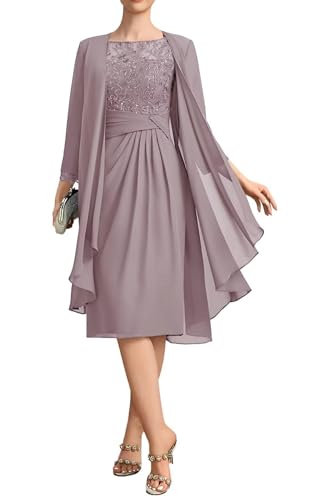 Long Sleeves Mother of The Bride Dress 2 Pieces Lace Appliques Chiffon Crew Neck Formal Evening Party Gowns for Women