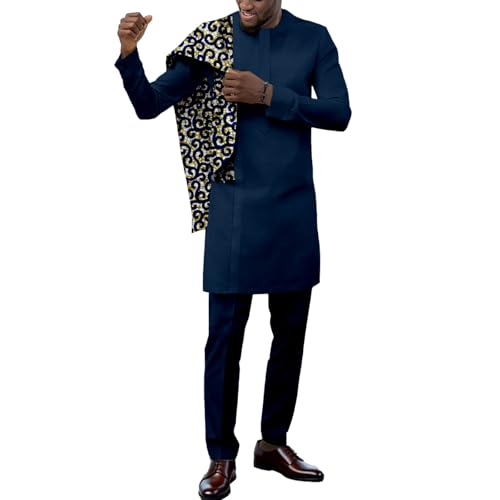 Men's African Suits Dashiki Kente Print Patchwork Top Shirt Pants 2 Piece Set Outfits Traditional Nigerian Attrie Clothing