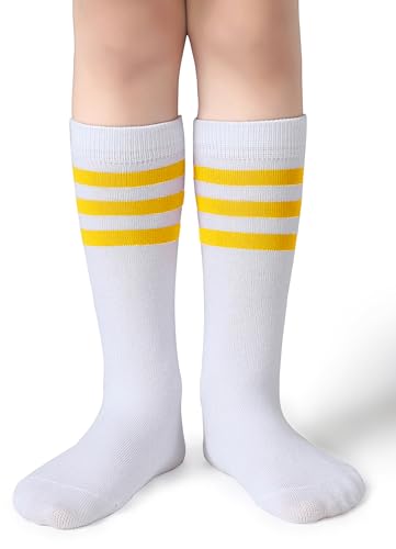 Pareberry Boys Girls Over the Calf Striped Tube Socks Cotton Soft Retro Athletics No Heel Socks for Kids 5-14 Years (US Age 8 Years 14 Years K07-Yellow/White)