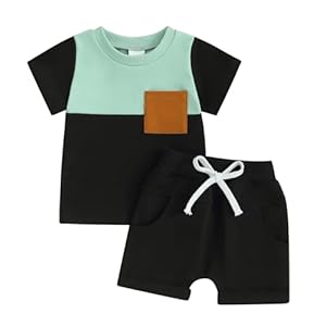 Xeadoffubio Baby Jungen Sommer Kurze Hosen Outfits Patchwork Sportanzug Kurzarm Rundhals Kontrast Farbe T-Shirt+Elastische Taille Kurzehose Jungen Loungewear Set Summer Tracksuit