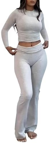 AYWA Women's 2 Piece Outfits Foldover Flare Pants Long Sleeve Crew Neck T-shirt Fitted Pajama Sets