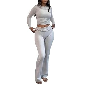 AYWA Women’s 2 Piece Outfits Foldover Flare Pants Long Sleeve Crew Neck T-shirt Fitted Pajama Sets
