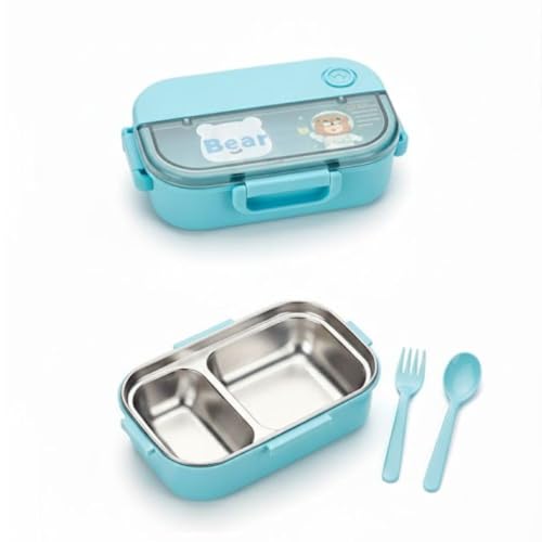 Lancheira Térmica Infantil Hermética, Aço Inox 304, Livre de BPA, 700ML, com Alças de Vedação, Talheres Inclusos (Azul Bear)