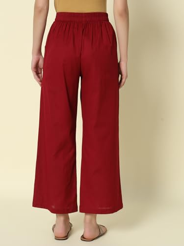 Image of FIORRA Womens Loose Mid Rise Cotton Solid Palazzo