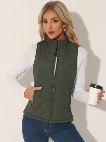 Allegra K A16081200UX0900 Women'S Puffer Vest Stand Collar Lightweight Gilet Quilted Zip Vest Large Green thumb #2