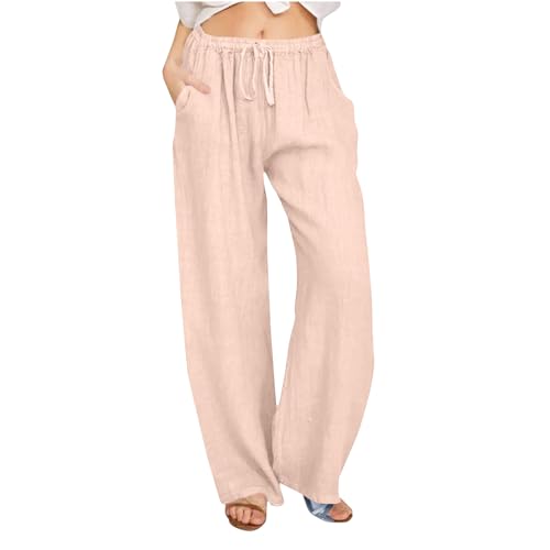 Pantalones de lino para mujer, pantalones de pierna ancha, talla grande, cintura elástica, pantalones palazzo casuales de verano, con bolsillos, de algodón, color sólido, pantalones largos rectos