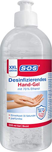 SOS Desinfizierendes Hand-Gel, Desinfektion aus 70 % Ethanol, Desinfektionsmittel Gel für die Hände beseitigt zuverlässig Bakterien, Viren und Pilze, parfümfreie Handdesinfektion für zu Hause, 500 ml