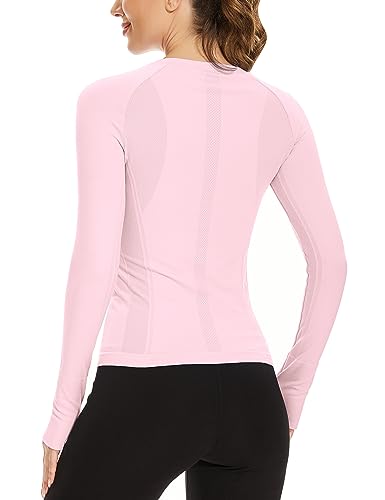 Image of MathCat Workout Shirts for Women Long Sleeve, Workout Tops for Women, Quick Dry Gym Athletic Tops，Seamless Yoga Shirts XS-XL Lightpink