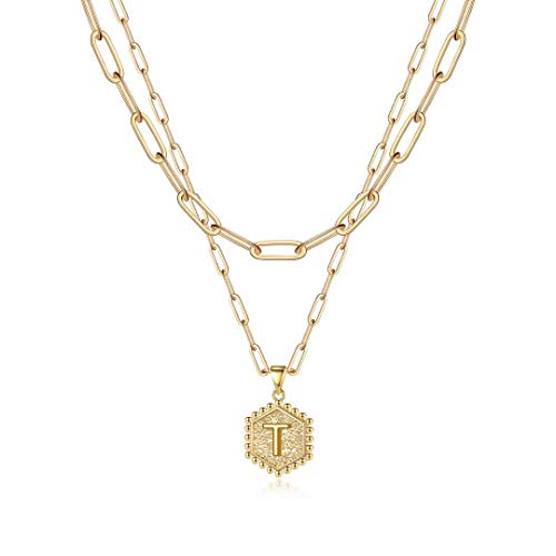 Dainty Layered Initial Necklaces for Women, 14K Gold Plated Paperclip Chain Necklace for Women Simple Cute Letter Pendant Initial T Necklace Choker Necklace Gold Layered Necklaces for Women Girls