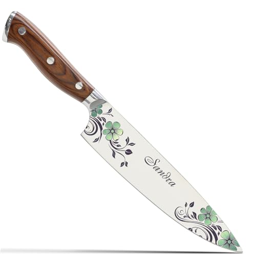 Image of Custom Chef Knife, Personalized Chef knife, Color Engraved knife, Gift, 8 inch Sheath Cover and Gift Box Gift for Any Season (Spring Edition)