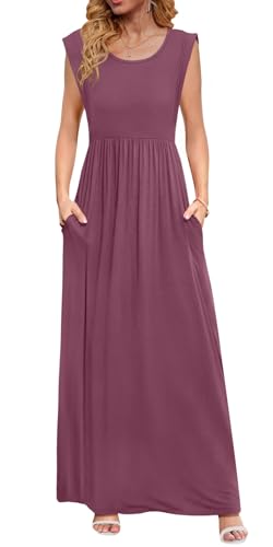 Image of DB MOON Womens 2026 Maxi Dresses Empire Waist Long Summer Dress Casual Cap Short Sleeve Sundress with Pockets
