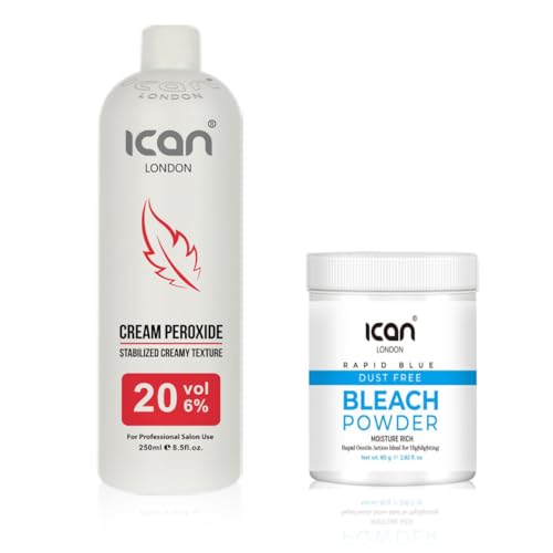 ICAN LONDON PROFESSIONAL CREAM PEROXIDE 20 VOL 6% 250 ML + RAPID BLUE POWDER BLEACH 80 G JAR SET