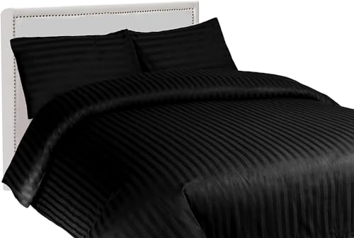 Sapphire Textile Egyptian Cotton Duvet Cover Bedding Set 400 Thread Count Satin Stripe Quilt Cover With Pillowcase Hotel Quality with Easy Closure (Black, Double)