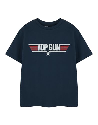 Top Gun Boys T-Shirt | Kids Short Sleeve Graphic Tee in Blue | Maverick & Goose Fighter Pilot Aircraft Childrens Apparel Top, 7-8 Years
