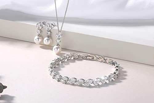 CERSLIMO Jewellery Set for Women - Pearl Pendant Necklace, S925 Sterling Silver Dangle Earrings & Adjustable Cubic Zirconia Bracelet Set | White Gold Plated Jewelry Womans Gift Sets for Wedding Party