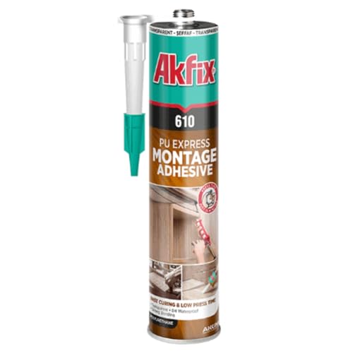 Akfix Pegamento de montaje 610 Polyurethane Express, alta adherencia inicial y resistencia final superior, adhesivo de construcción para casi todas las superficies, cartucho de 380 g, transparente