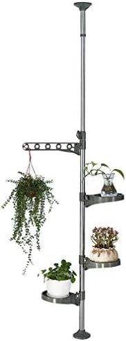 Hershii Indoor Plant Stand Pole Tension Rod Corner Standing Shelf Adjustable Flower Pots Holder Display Rack with 1 Hook & 3 Trays - Grey