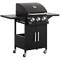 Outsunny 3 Burner Gas Grill, Portable Propane Grill with Wheels, 30000BTU Outdoor Carbon Steel Barbecue Trolley with Warming Rack, Side Shelves, Storage Cabinet, Thermometer, Black