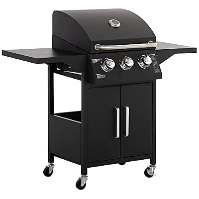 Outsunny 3 Burner Gas Grill, Portable Propane Grill with Wheels, 30000BTU Outdoor Carbon Steel Barbecue Trolley with Warming Rack, Side Shelves, Storage Cabinet, Thermometer, Black