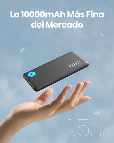 Power Bank INIU de 10000mAh mostrado en la mano con texto destacando su delgadez de 1.5cm