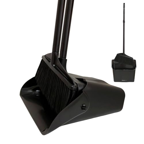 Primero Basics Broom and Dustpan Set with Long Handle and Wheels Upright Standing Heavy Duty Large Dust Pan and Broom Combo for Indoor Outdoor Kitchen Garage Restaurant Cleaning Black