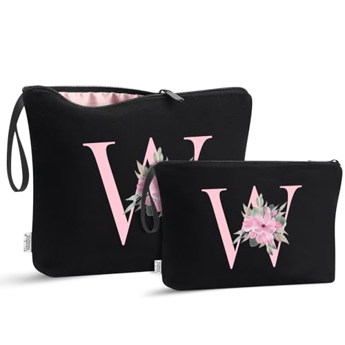 Image of Vavabox A-Z Personalized Makeup Bag, Birthday Gifts for Women Mom, Gifts for Best Friend, Bride Bridesmaid Cosmetic bag (W, 04-Black Set)