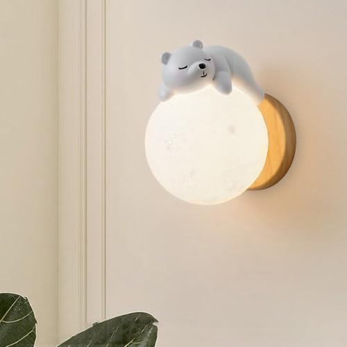 Aplique de pared de oso en madera con luz neutra led infantil para dormitorio