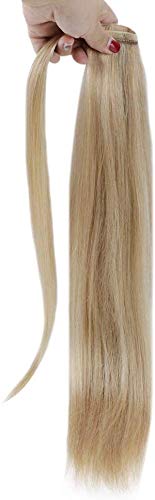 RUNATURE Remy Hair Ponytail Extension 12 Inches 70g Per Set Golden Blonde Highlighted with Light Blonde Invisible Pony Tails Hair Piece Clip Human Hair Extensions
