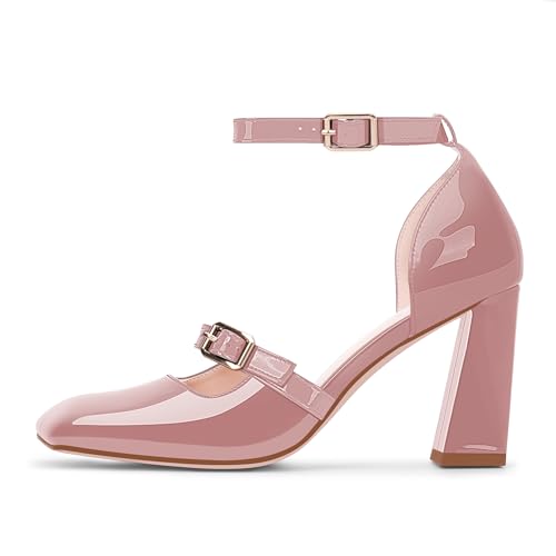 Women's Square Toe Chunky High Heel Mary Jane Pumps Ankle Strap Dress Shoes2