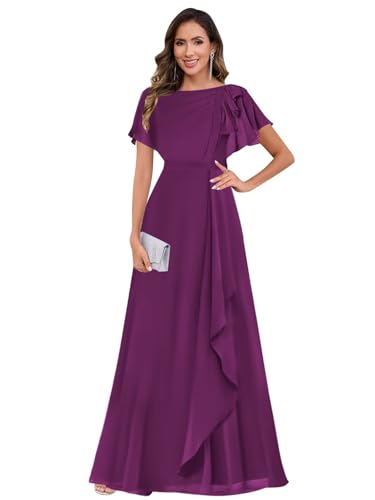 Chiffon Mother of The Bride Dresses Ruffle Short Sleeves Pleated Evening Gown Crew Neck Formal Dress for Wedding