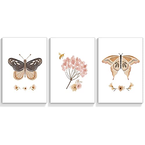 Colorful Spring Butterfly Canvas Wall Art Set Of 3 Vintage Watercolor Botanical Flower Aesthetic Posters Pink Boho Floral Prints Paintings Wall Decor For Baby Kids Nursery Bedroom 12X16In Unframed #TOP7