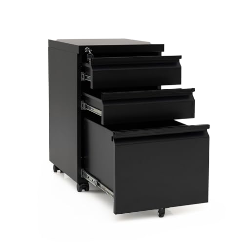 KOMFOTTEU Armario Archivador Móvil con 3 Cajones, Cajonera de Oficina con 5 Ruedas Universales, Cerredura y 2 Llaves, Cómoda Escritorio para Documentos, Soporte Impresora, 44 x 37 x 60 cm (Negro)