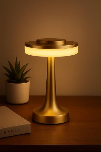 NYRWANA Table Lamp | 2000mAh Battery | Home Decor, Lamps for Bedroom, Lamp for Living Room, Holi, Stepless Dimming, 3 Colour Touch Control, USB-c Charging (Metal - Gold)