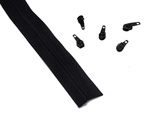 Cremallera Continua nº 3, 5 metros, para costura, con 20 cursores a juego. (Negra, 5 metros + 20 cursores) Cover