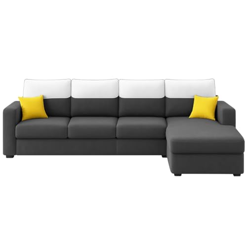 Image of Furny Tokiaa 8 Seater Fabric RHS L Shape Sofa Set with 1 Centre Table & 2 Puffy (Dark Grey) | Soft Velvet Fabric | Modern Design | Comfortable Seating | Living Room Furniture