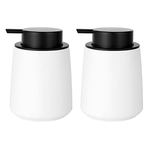 12 oz Hand Soap Dispenser Empty Ceramics Lotion Pump Bottles, Refillable Liquid Dish Soap Bottles for Bathroom, Kitchen Sink, White, 2 Pack Cover