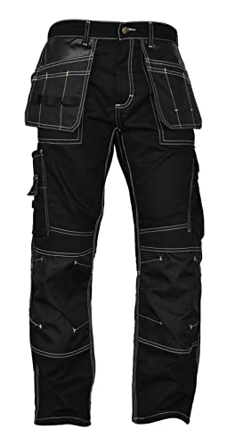 Fashio Mens Construction Pants Carpenter Utility Tool Pockets Cordura Knee Reinforced Work Wear Pants Safety Trousers S2 Black W36-L30 #TOP3