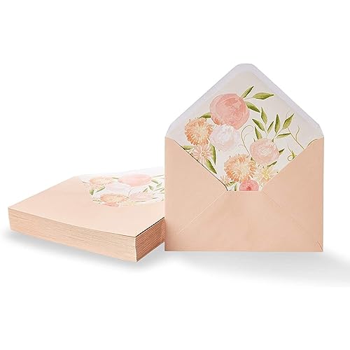 Paper Junkie Paper for A7 Envelopes - 5.25 x 7.25 Inches, Blush Pink, 50 Pack, Floral Liner - Floral Lined Envelopes with Inside Design for Wedding Invitation & Greeting Cards