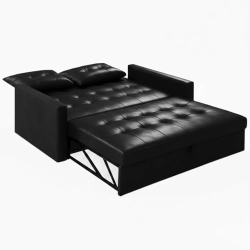 Image of FURNY Tressa 2 Seater Leatherette Pull-Out Sofa Cum Bed (Black) Premium Finish | Comfortable & Durable | Ideal for Living Room