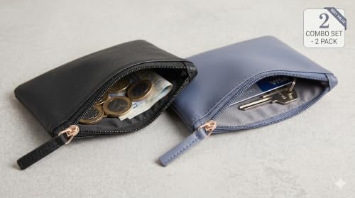 Image of Small Vegan Leather Coin Purse Pouch, Minimalist Zipper Wallet Set in Black and Beige, Compact Money Organizer, Makeup Pouch (Black-Grey)