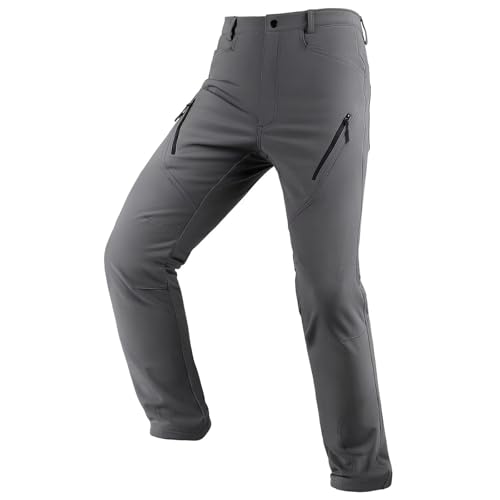 KUTOOK Hiking Pants for Men Ski Snow Pants Softshell Outdoor Trousers Water Resistant Thermal Fleece Lined Grey Medium