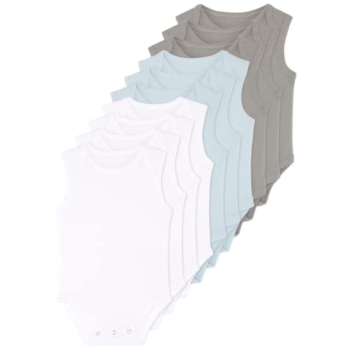 FM London Organic Baby Bodysuit Vests Body de bebé orgánico Bebé-Niños (Pack de 10), Blanco (White/Grey/Blue), 6-9 meses