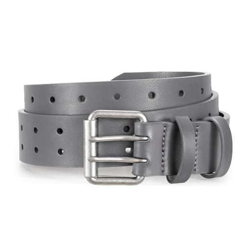 Image of JASGOOD Men Double Prong PU Leather Belt Casual Work Heavy Duty Belt Double Grommet Holes Belt for Jeans