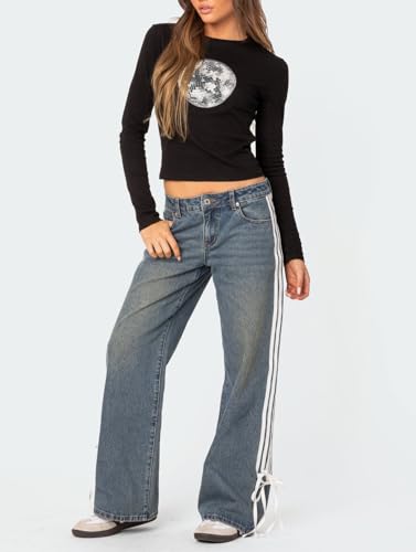 Mxiqqpltky Womens Wide Leg Jeans High Waist Boyfriend Denim Pants Side Striped Print Straight Baggy Mom Jeans Y2k Streetwear3